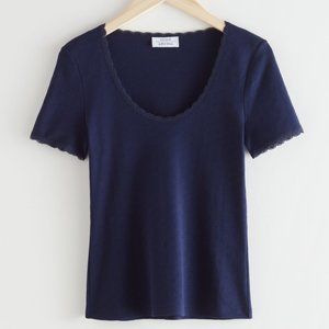 NWT & Other Stories Navy Ribbed Lace Trim Baby Tee